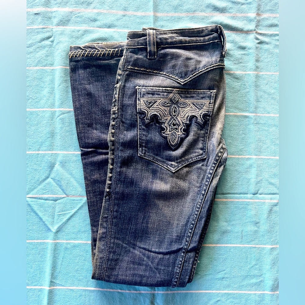 ANTIK DENIM - size 29 Western embriodered distressed boot cut jeans